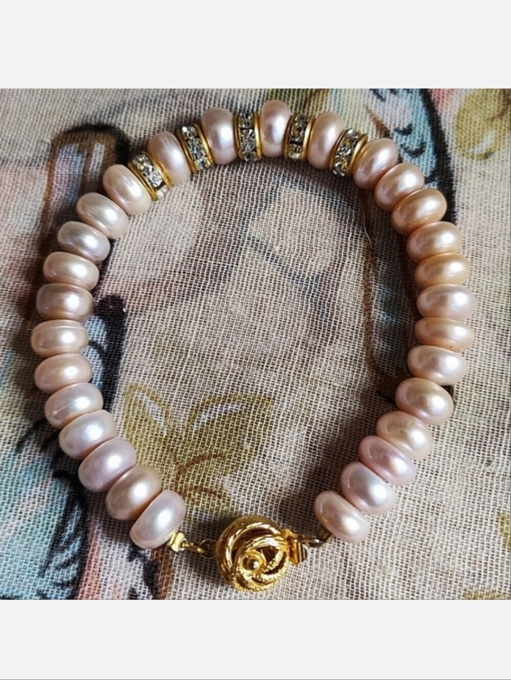 Pink Faux Donut Pearl Crystal Gold Rondelles Gold Tone Clasp Vintage Bracelet